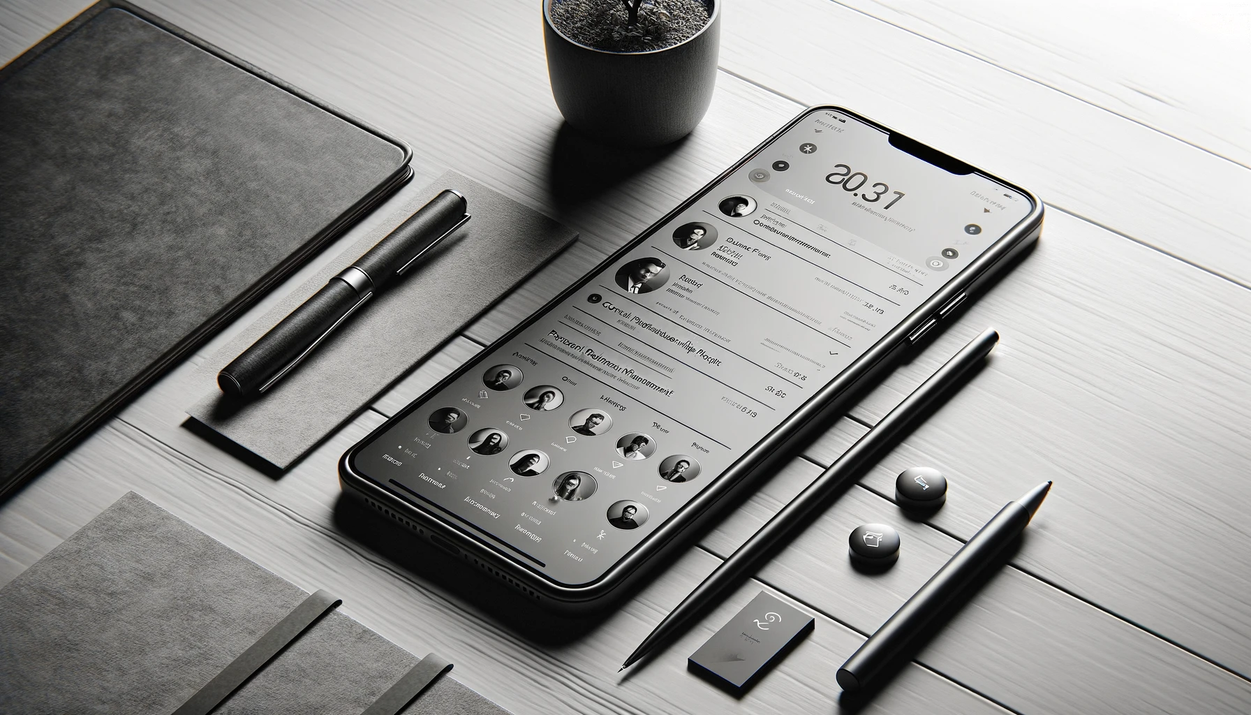 DALL-E 2023-11-24 A grayscale, horizontal image depicting a modern, sleek smartphone displaying a sophisticated personal relationship management app. The app's interface should feature a clean, organized layout with various contact profiles, showing names, photos, and brief notes. The smartphone is placed on a minimalist wooden desk, surrounded by a few personal items like a stylish pen and a small plant, suggesting a productive and personal workspace. The overall tone should be professional yet inviting, capturing the essence of personal relationship management in a digital age. The image should resemble a high-quality photograph