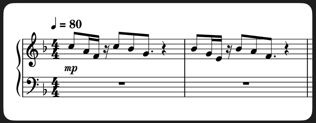 A musical score with a time signature of 4/4, indicating a tempo of 80 beats per minute, featuring a series of notes and rests.