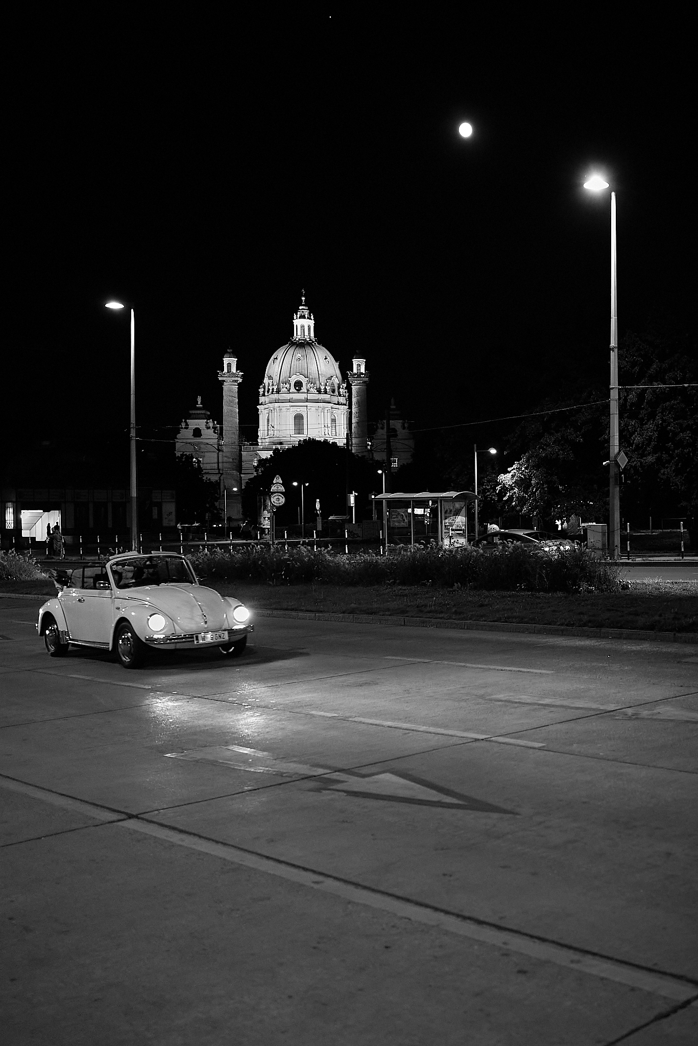 VW Beetle, Karlskirche, Full Moon, and Jupiter